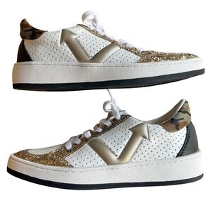 $120 VINTAGE HAVANA Gold Glitter Calf Hair Sneakers Camo‎ Tennis Shoe SIZE 8 EUC